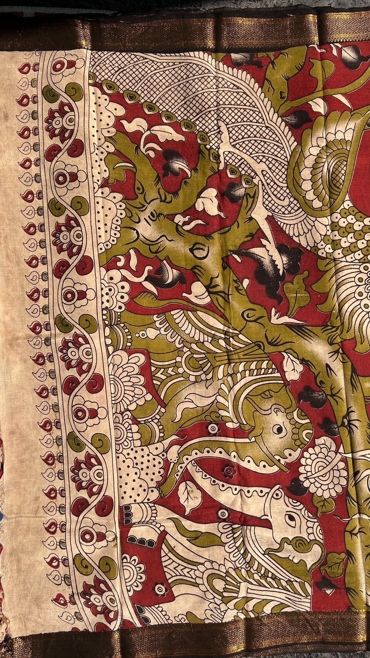 Red lotus chennur silk kalamkari saree with Nizam border