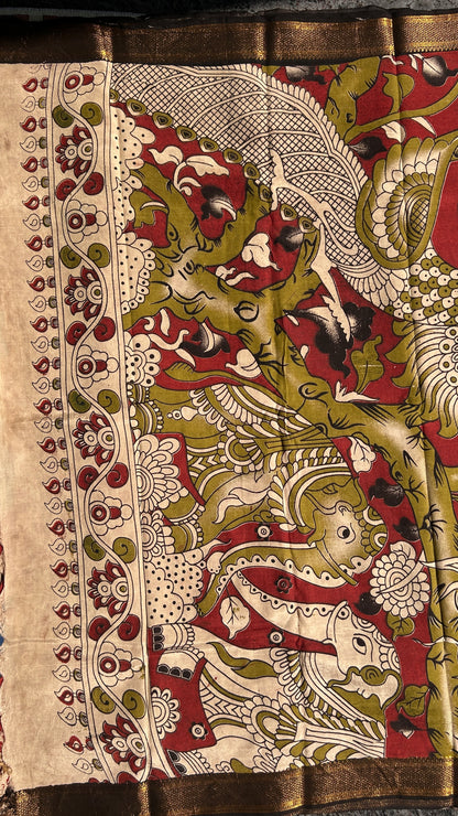 Red lotus chennur silk kalamkari saree with Nizam border