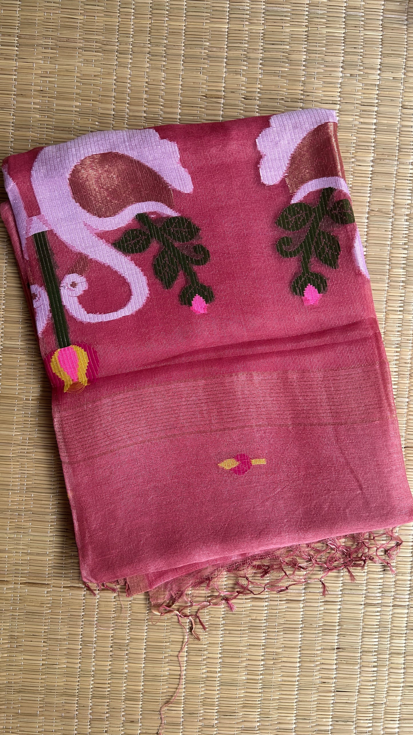 Dark carnation pink silk linen jamdani saree with swan motifs - with handloom mark
