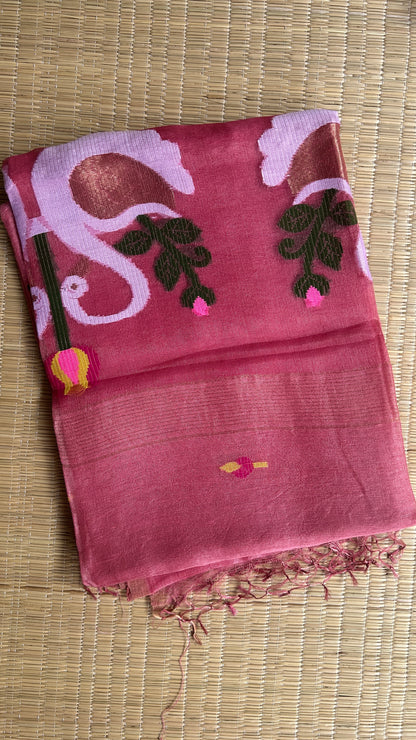 Dark carnation pink silk linen jamdani saree with swan motifs - with handloom mark
