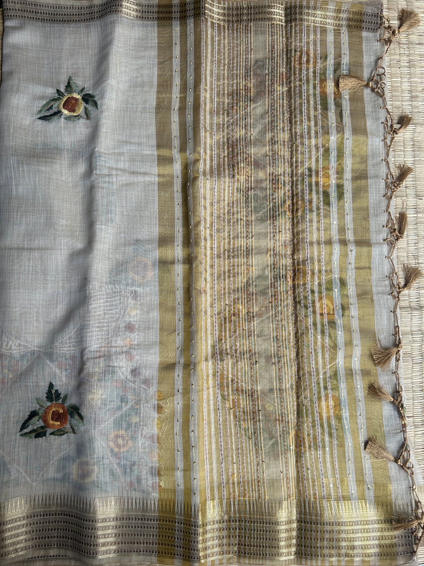 Pure linen chanderi saree with mirror work blouse - hand embroidery - 3