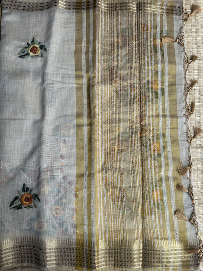 Pure linen chanderi saree with mirror work blouse - hand embroidery - 3