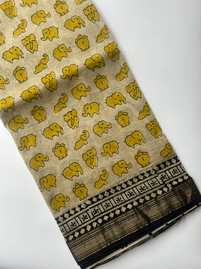 Yellow Elephants Maheshwari silk saree