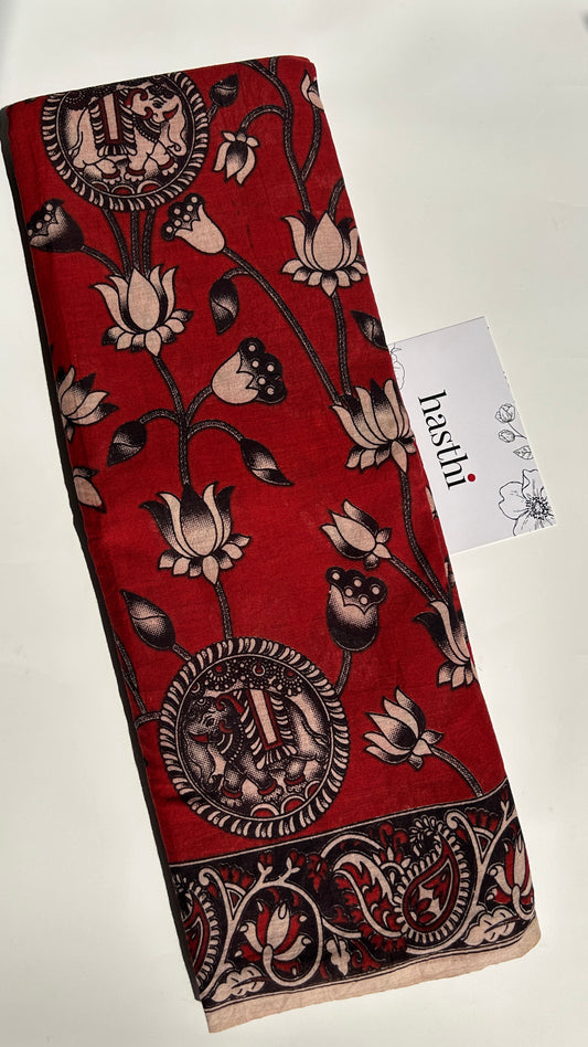 Red floral kalamkari pure cotton saree