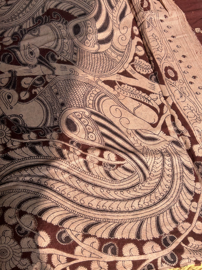 Chocolate brown kalamkari kota cotton saree