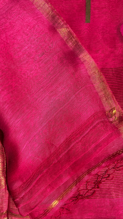 Pink silk linen jamdani saree with lotus motifs
