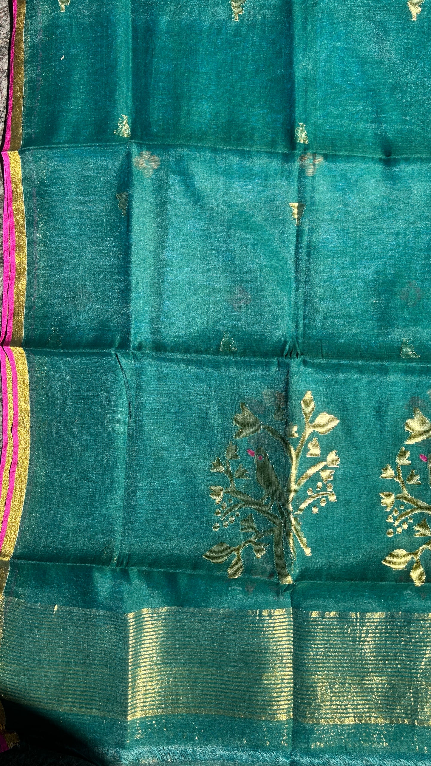 Bottle green paithani muslin jamdani 2pc set - unstitched