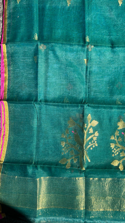 Bottle green paithani muslin jamdani 2pc set - unstitched