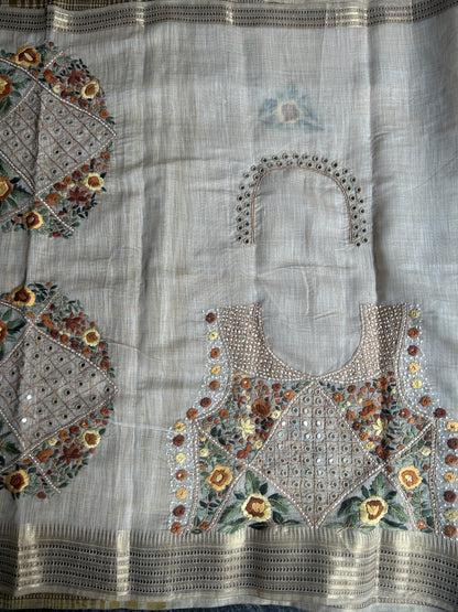 Pure linen chanderi saree with mirror work blouse - hand embroidery - 3