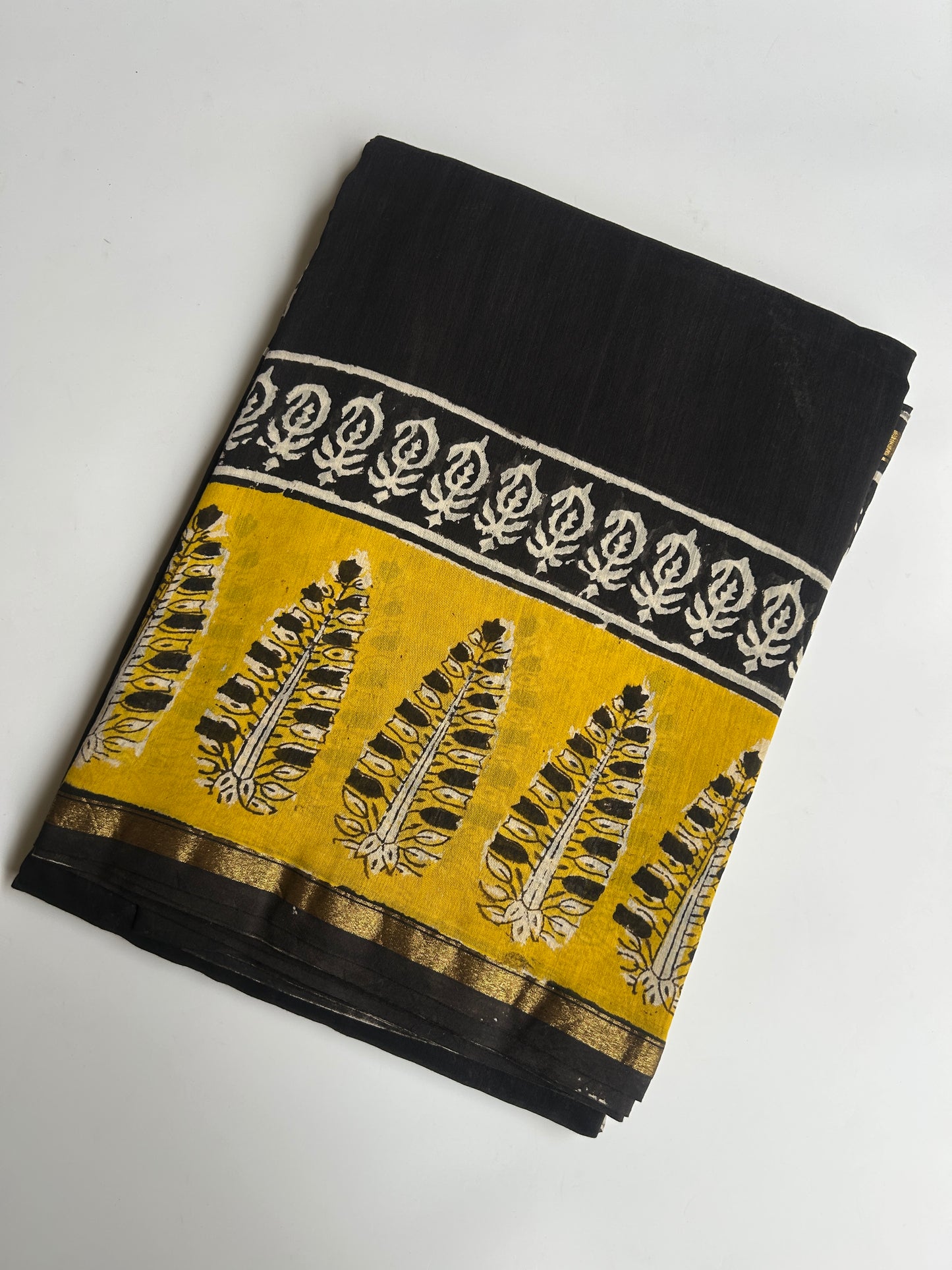 Black Chanderi silk saree with yellow floral border