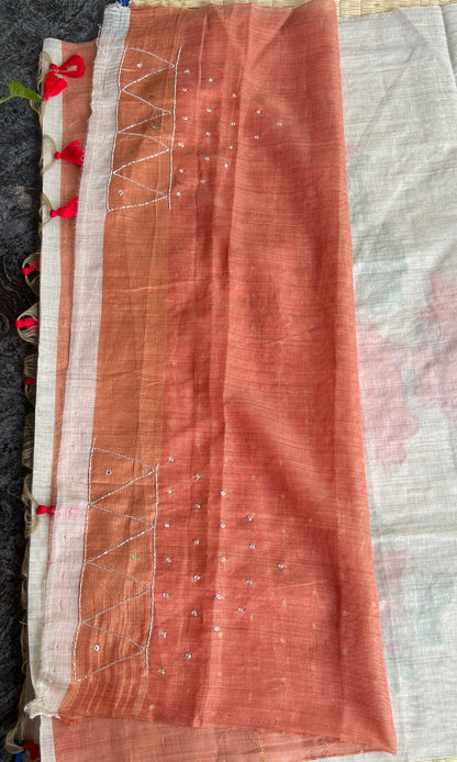 Pure linen chanderi saree with cutdana work & mirror work - hand embroidery - 2