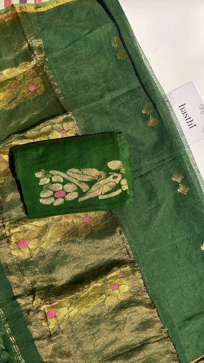 Parrot Green paithani muslin jamdani 2pc set - unstitched