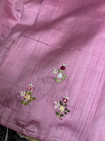 Onion Pink floral soft Tussar saree - hand embroidery