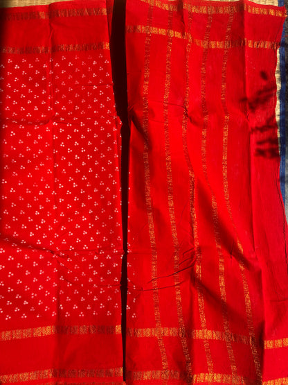 Orange red 120 count wax sungudi cotton saree (three dot)