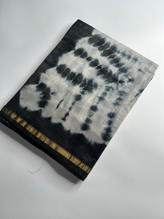 Black & white shibori Chanderi silk saree