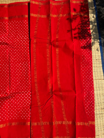 Orange red 120 count wax sungudi cotton saree (single dot)