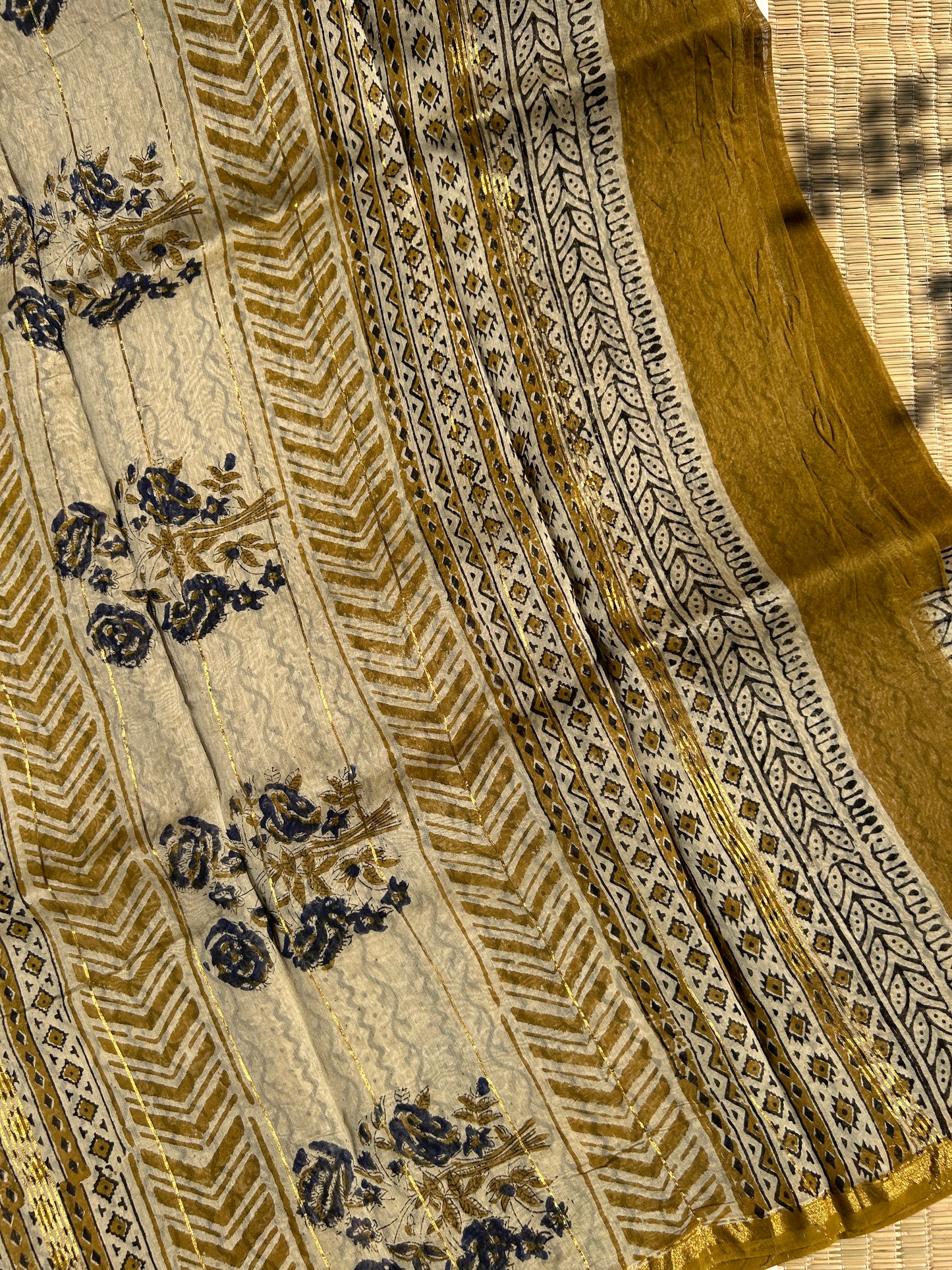 Methi yellow Chanderi silk saree with florals