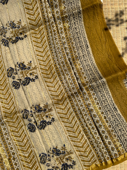 Methi yellow Chanderi silk saree with florals