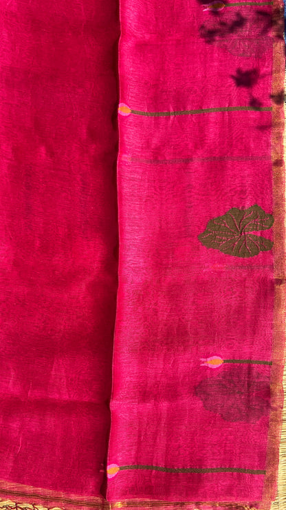 Pink silk linen jamdani saree with lotus motifs