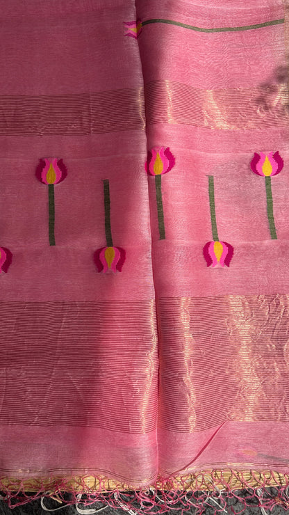 Baby pink silk linen jamdani saree with lotus motifs - with handloom mark