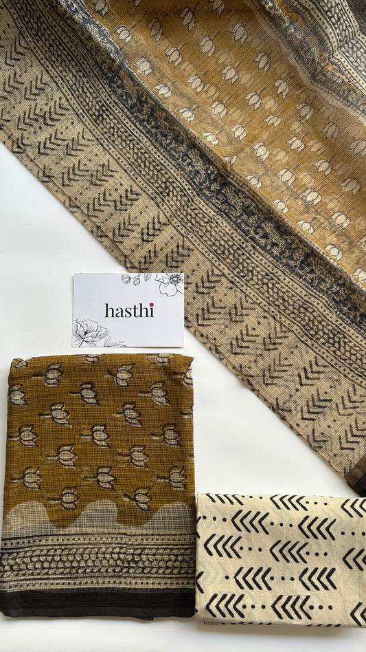 Golden brown kota doria suit set - unstitched