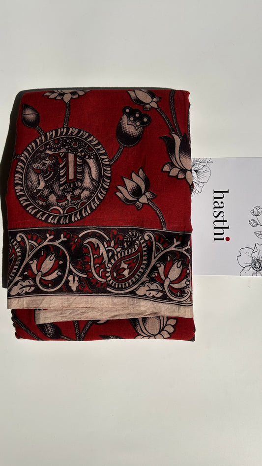 Red floral kalamkari pure cotton saree