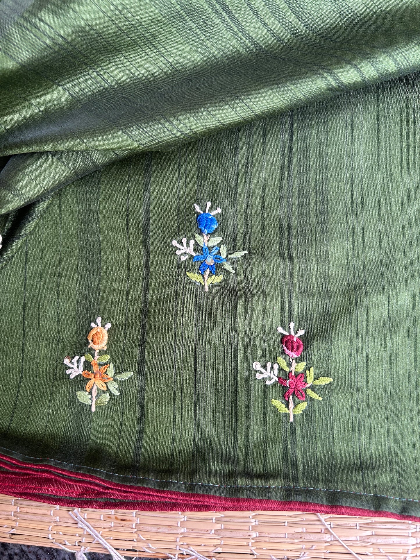 Bottle green floral soft Tussar saree - hand embroidery