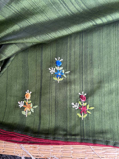 Bottle green floral soft Tussar saree - hand embroidery