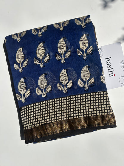 Blue Maheshwari silk saree with white motifs