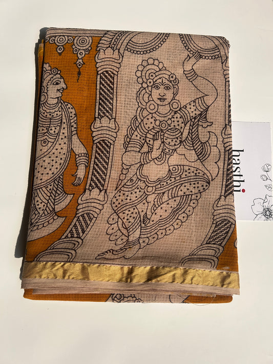 Yellow kalamkari kota cotton saree