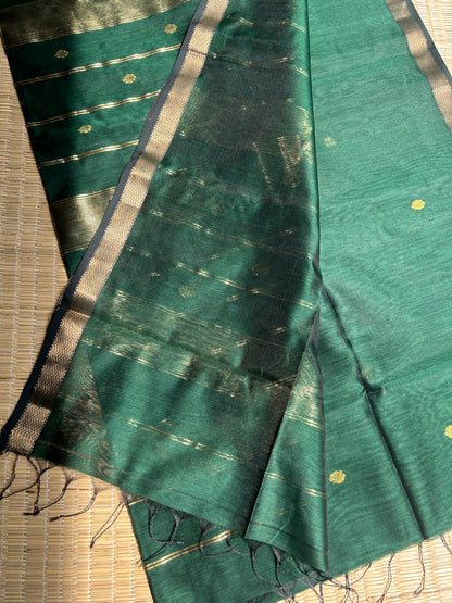 Dark Green Maheshwari handloom saree with flower motifs