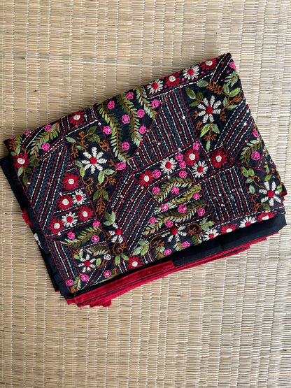 Black floral soft Tussar saree - hand embroidery