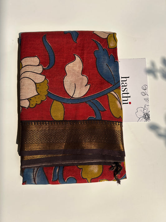 Red lotus chennur silk kalamkari saree with Nizam border