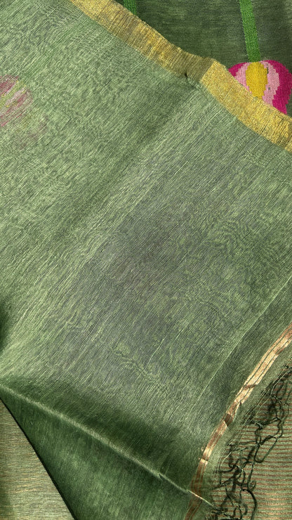 Green silk linen jamdani saree with lotus motifs