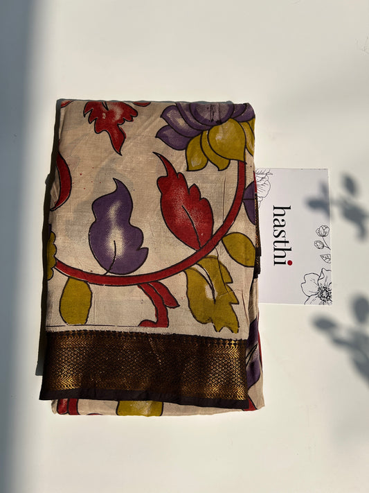 Beige lotus chennur silk kalamkari saree with Nizam border