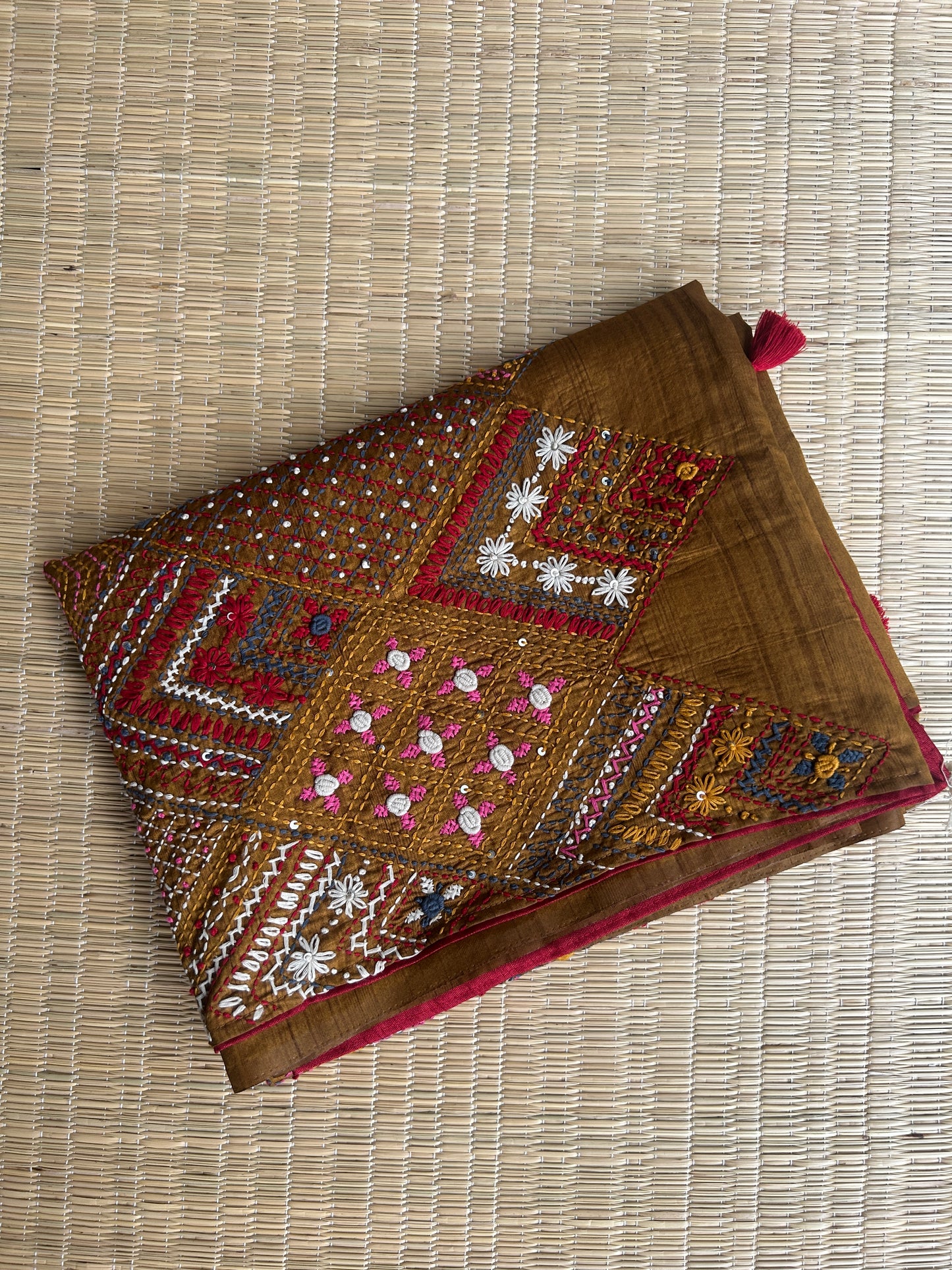 Methi Yellow floral soft Tussar saree - hand embroidery