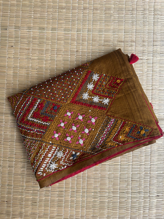 Methi Yellow floral soft Tussar saree - hand embroidery
