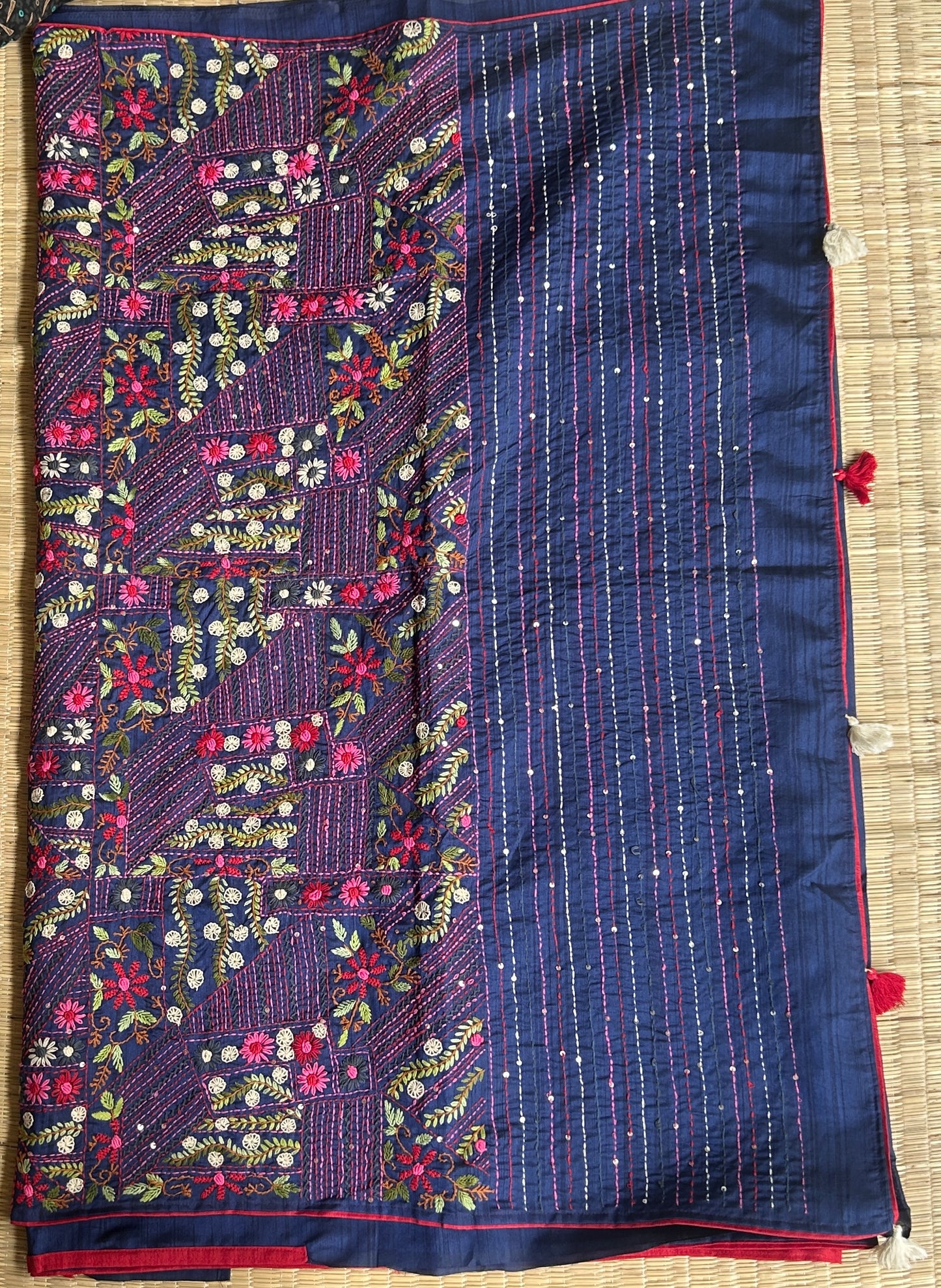 Navy Blue floral soft Tussar saree - hand embroidery