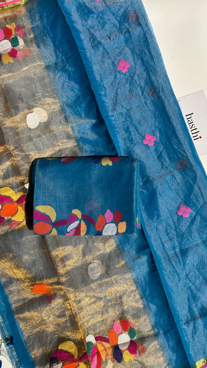 Blue paithani muslin jamdani 2pc set - unstitched