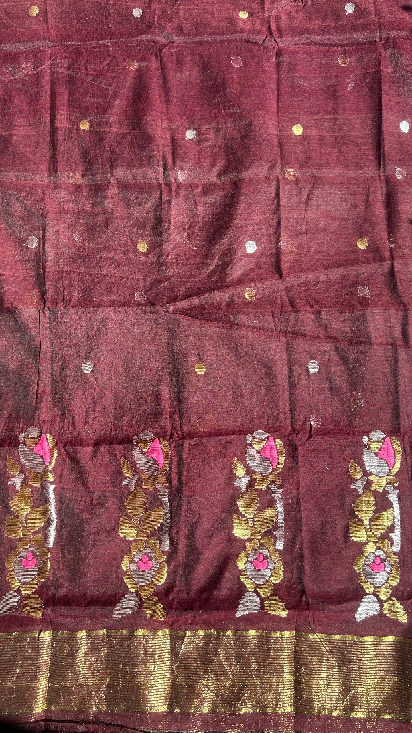 Dark Brown paithani muslin jamdani 2pc set - unstitched