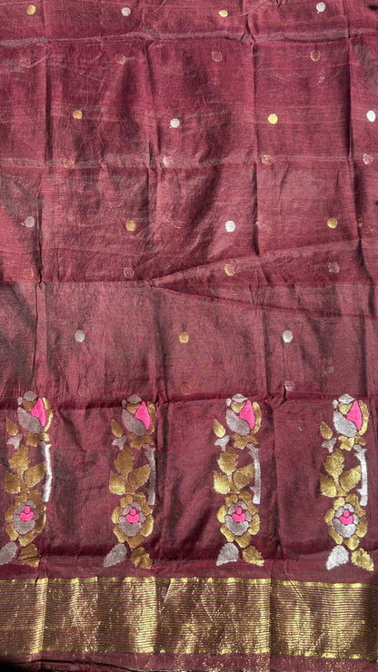 Dark Brown paithani muslin jamdani 2pc set - unstitched