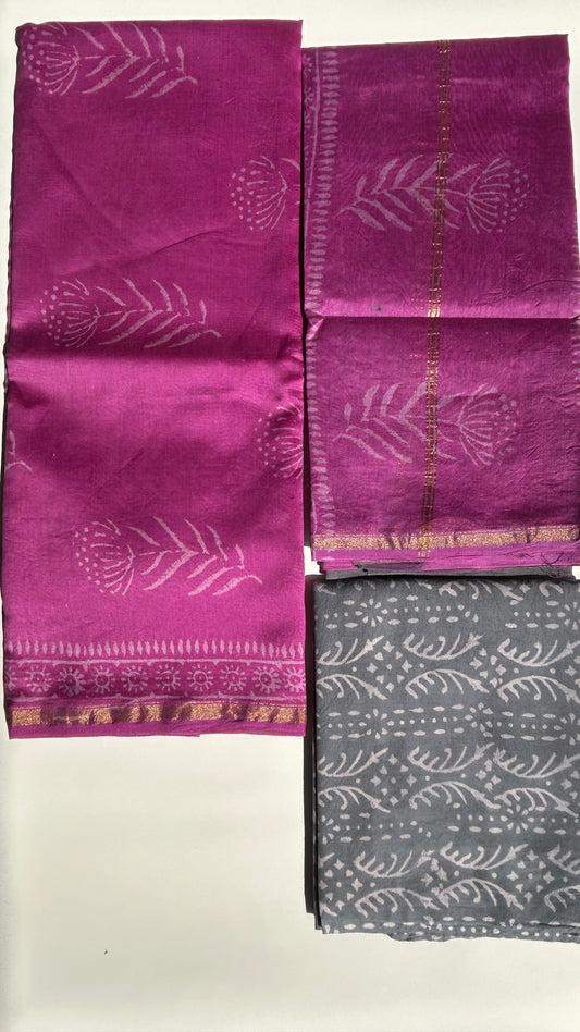 pink and grey Chanderi silk suit set - unstitched