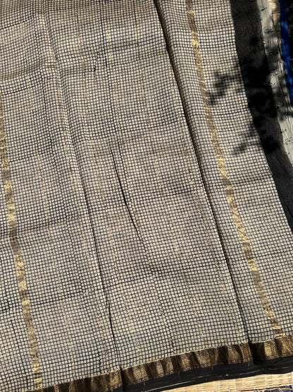 Blue Maheshwari silk saree with white motifs