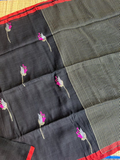 Black linen jamdani saree with floral motifs and orange border