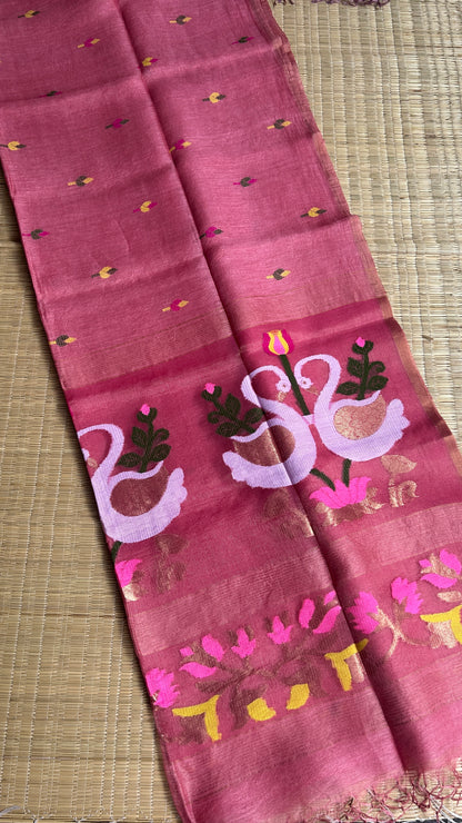 Dark carnation pink silk linen jamdani saree with swan motifs - with handloom mark