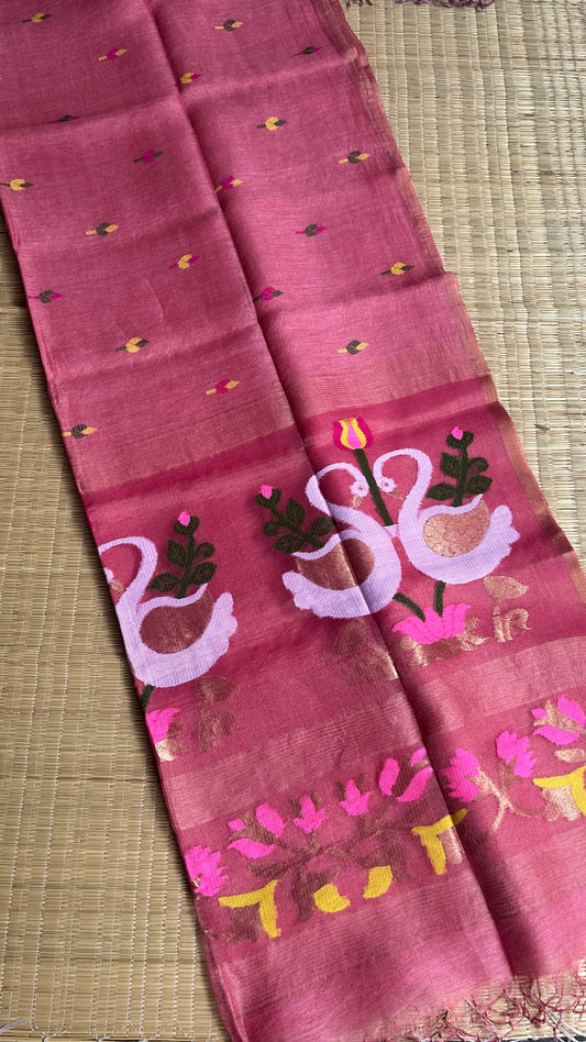 Dark carnation pink silk linen jamdani saree with swan motifs - with handloom mark