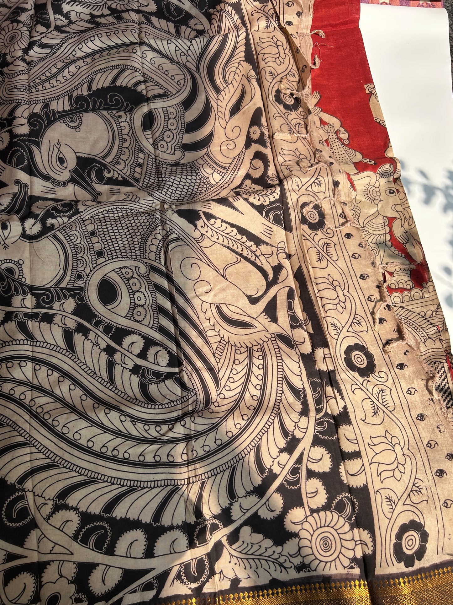 Maroon red chennur silk kalamkari saree with Nizam border