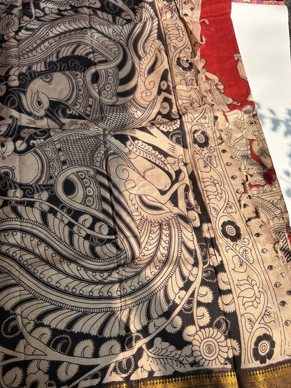 Maroon red chennur silk kalamkari saree with Nizam border