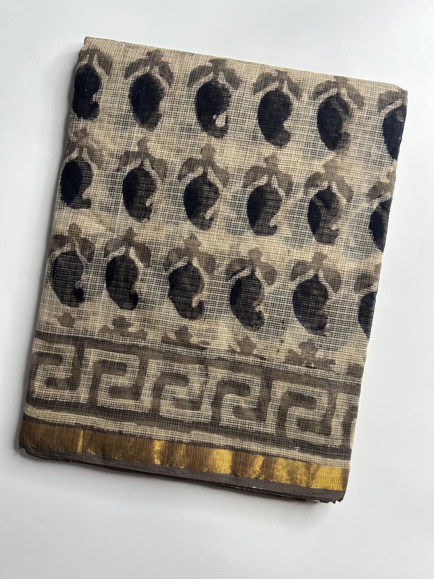Beige Kota doria saree with mango motifs
