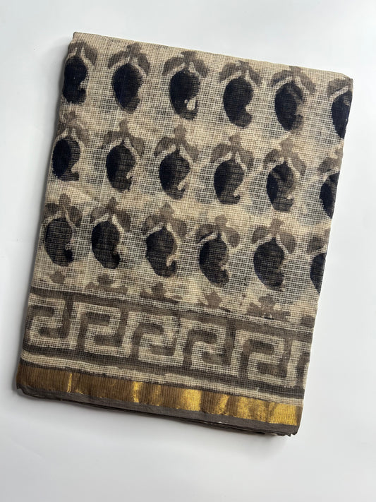 Beige Kota doria saree with mango motifs